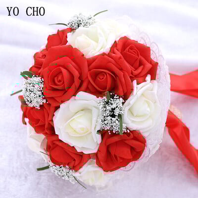 YO CHO Νυφική ανθοδέσμη Bridesmaid Artificial PE Rose Flower Fake Pearl Pink Bouquet Wedding Supplies Διακοσμήσεις Φεστιβάλ