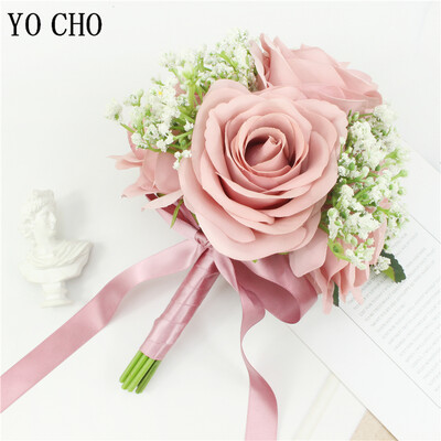 YO CHO Μπουκέτο τεχνητού λουλουδιού Νυφικό Γάμου Λουλούδι Μεταξωτό τριαντάφυλλο Βρεφική ανάσα Ανθοδέσμη παράνυμφος Διακόσμηση τραπεζιού για πάρτι για το σπίτι
