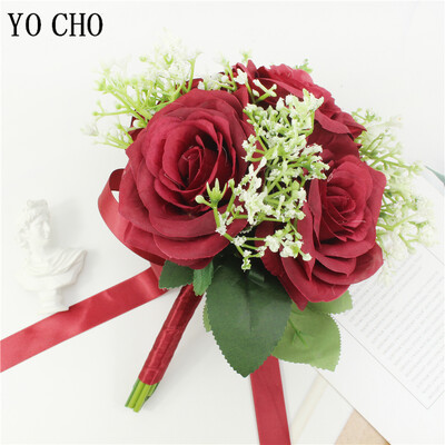 YO CHO Μπουκέτο τεχνητού λουλουδιού Νυφικό Γάμου Λουλούδι Μεταξωτό τριαντάφυλλο Βρεφική ανάσα Ανθοδέσμη παράνυμφος Διακόσμηση τραπεζιού για πάρτι για το σπίτι
