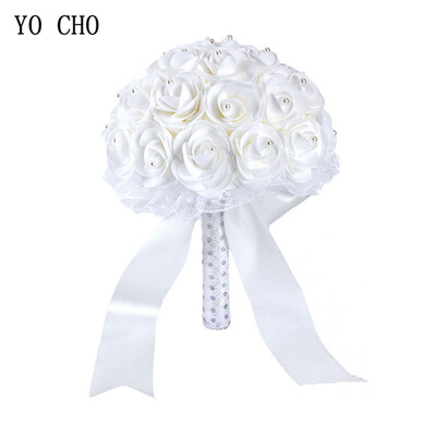 YO CHO Νυφική ανθοδέσμη Γαμήλια ανθοδέσμη Τεχνητή PE τριαντάφυλλο λουλούδι ψεύτικο μαργαριτάρι Μπουκέτο μπλε παράνυμφος Διακοσμήσεις γάμου προμήθειες γάμου