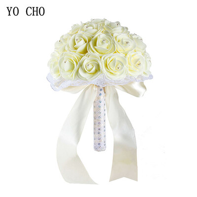 YO CHO Νυφική ανθοδέσμη Γαμήλια ανθοδέσμη Τεχνητή PE τριαντάφυλλο λουλούδι ψεύτικο μαργαριτάρι Μπουκέτο μπλε παράνυμφος Διακοσμήσεις γάμου προμήθειες γάμου