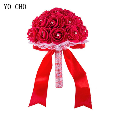 YO CHO Νυφική ανθοδέσμη Γαμήλια ανθοδέσμη Τεχνητή PE τριαντάφυλλο λουλούδι ψεύτικο μαργαριτάρι Μπουκέτο μπλε παράνυμφος Διακοσμήσεις γάμου προμήθειες γάμου