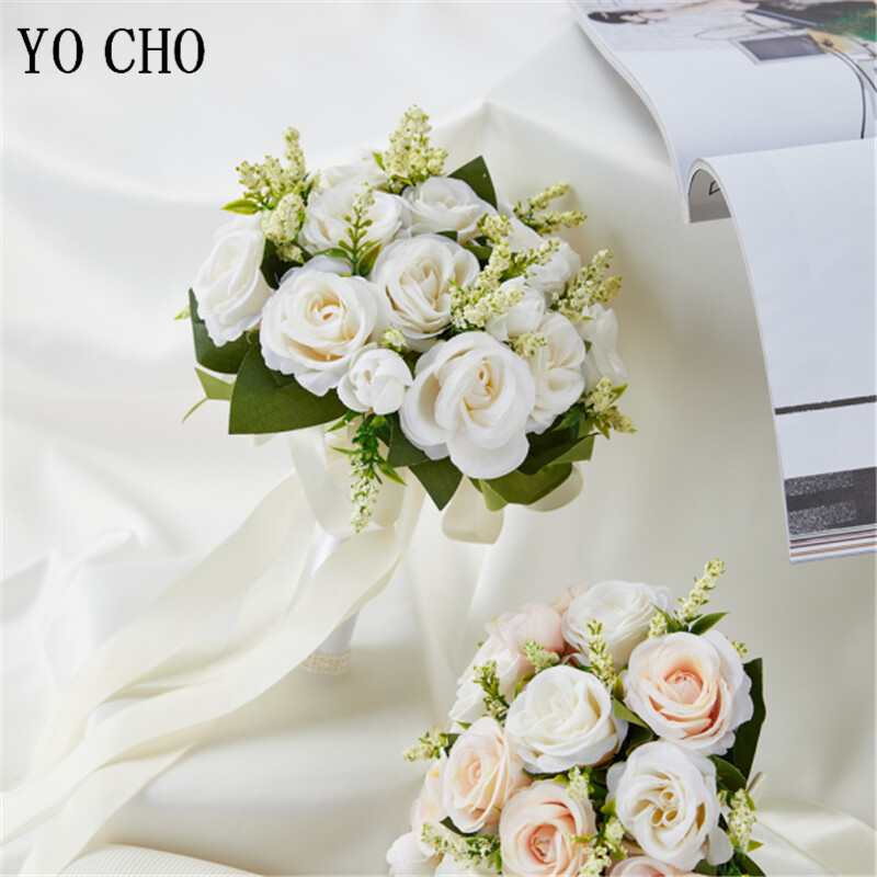YO CHO Νυφική ανθοδέσμη Μεταξωτά τριαντάφυλλα Λευκά λουλούδια γάμου Νυφική ανθοδέσμη τεχνητά λουλούδια Μια ανθοδέσμη γάμου γάμου παράνυμφοι
