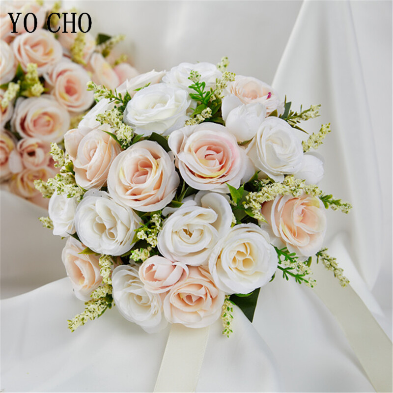 YO CHO Νυφική ανθοδέσμη Μεταξωτά τριαντάφυλλα Λευκά λουλούδια γάμου Νυφική ανθοδέσμη τεχνητά λουλούδια Μια ανθοδέσμη γάμου γάμου παράνυμφοι