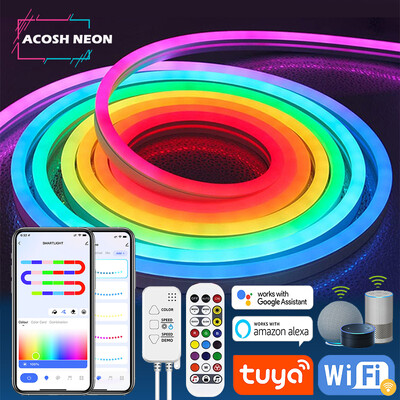 TUYA neon LED szalagos lámpák 12-24V 84LED/M szilikon neon kötéllámpa zeneszinkronnal RGBIC Dreamcolor hajsza szalag a szobákhoz