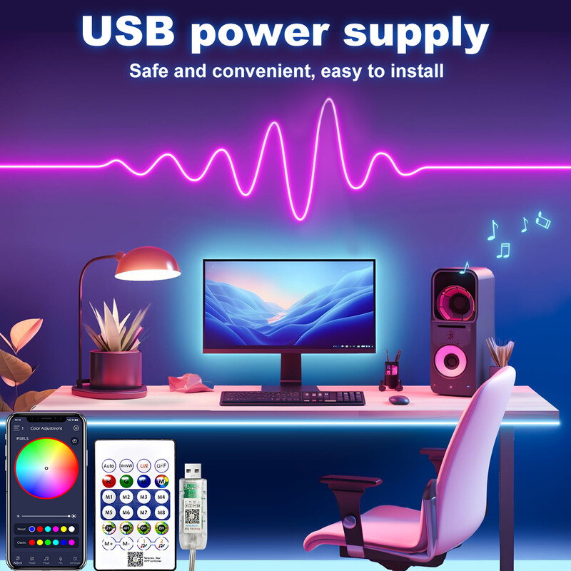 5V RGB neoninė juostelė 1M 2M 3M 5M USB vandeniui atspari lanksti juostelė neoniniai žibintai su Bluetooth nuotolinio valdymo pulteliu namų dekoravimui