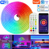 DC12V/24V EU Plug RGB Neon Strip 1/2/3/4/5/10/15M Tuya WiFi Neon LED Strip Smart Life Work with Alexa for Neon Deco Lighting