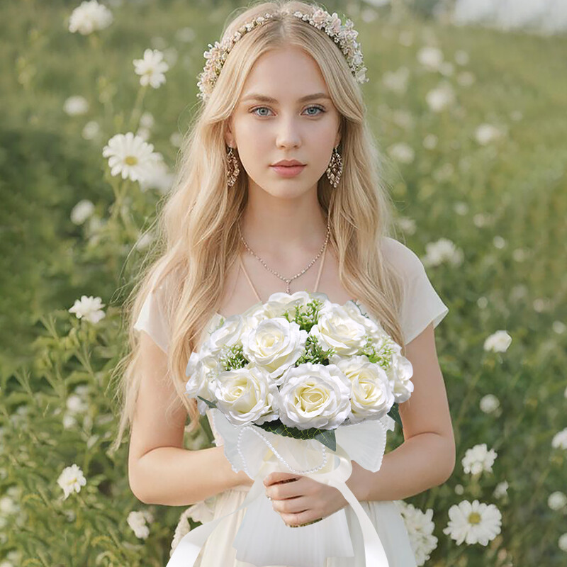 1 buchete de mireasă pentru mireasă, buchet artificial cu panglică de mătase trandafir alb pentru nuntă, buchet de trandafiri din dantelă de biserică de nuntă