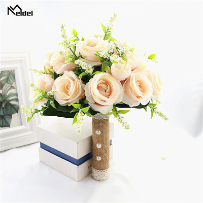 Булчински букет Изкуствени цветя Сватба, държащи цветя Бяла изкуствена естествена роза за шаферка Булка Сватбени декорации