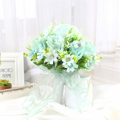 Булчински букет Изкуствени цветя Сватба, държащи цветя Бяла изкуствена естествена роза за шаферка Булка Сватбени декорации