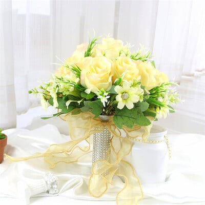 Булчински букет Изкуствени цветя Сватба, държащи цветя Бяла изкуствена естествена роза за шаферка Булка Сватбени декорации