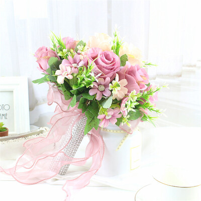 Булчински букет Изкуствени цветя Сватба, държащи цветя Бяла изкуствена естествена роза за шаферка Булка Сватбени декорации