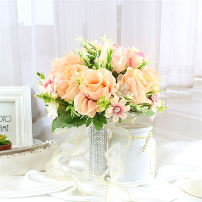 Булчински букет Изкуствени цветя Сватба, държащи цветя Бяла изкуствена естествена роза за шаферка Булка Сватбени декорации