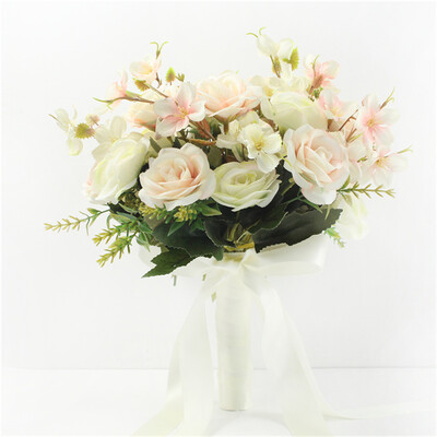 Булчински букет Изкуствени цветя Сватба, държащи цветя Бяла изкуствена естествена роза за шаферка Булка Сватбени декорации