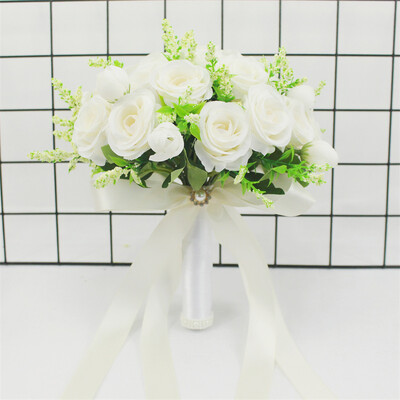 Булчински букет Изкуствени цветя Сватба, държащи цветя Бяла изкуствена естествена роза за шаферка Булка Сватбени декорации