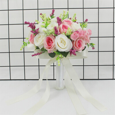 Булчински букет Изкуствени цветя Сватба, държащи цветя Бяла изкуствена естествена роза за шаферка Булка Сватбени декорации