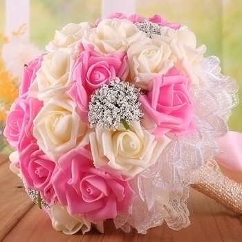 Νυφική ανθοδέσμη Bridesmaid Artificial PE Rose Flower Fake Pearl White Bouquet Wedding