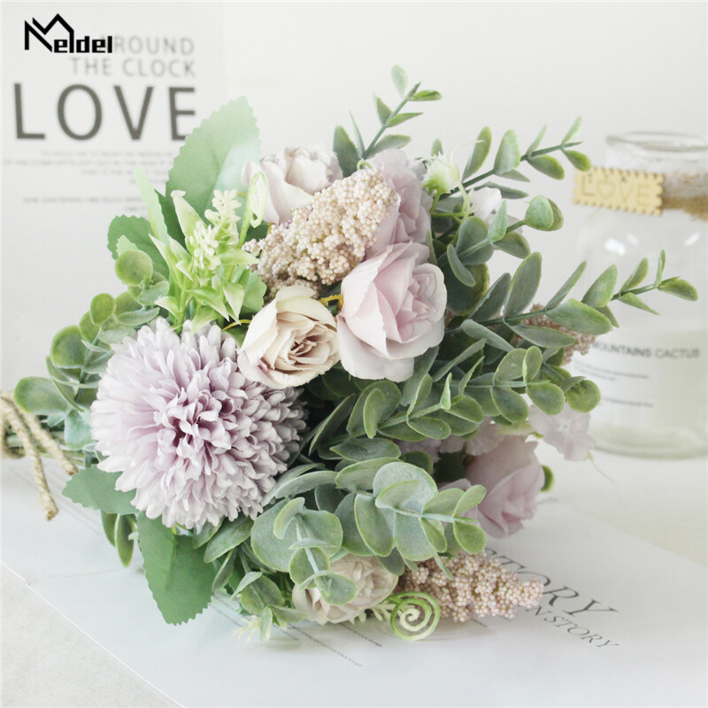Meldel Esküvői Virágcsokor Műselyem Rózsa Lucky Ball Virág Otthon Esküvői Dekoráció Menyasszonyi Csokor Erdei Stílusú Eukaliptusz