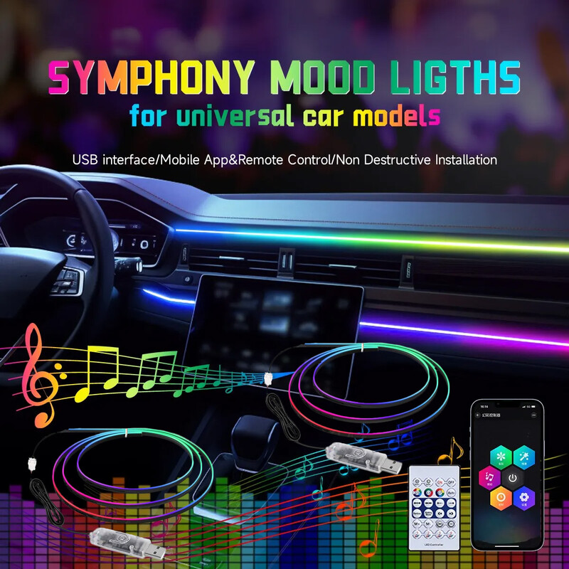 4-IN-1 110+75CM LED-uri pentru mașină Benzi acrilice ambientale Iluminare din spate culori complete Auto Interior RGB Lampă de atmosferă Aplicație Telecomandă USB