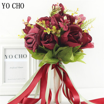 YO CHO Svilene ruže Vjenčani buket za djeveruše Vjenčani buketi Bijelo ružičasto umjetno cvijeće Bračni pribor Dekoracija doma