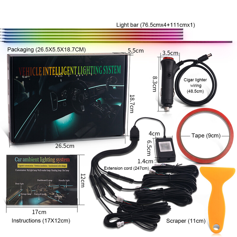 6/5/2 u 1 RGB Led Atmosphere Auto Svjetlo Unutrašnje akrilne trake Svjetla Puna boja Streamer Simfonijska ambijentalna svjetiljka USB/DC/Cigareta
