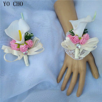 YO CHO White Calla Lily Wedding Boutonnieres Foam Rose Wrist Flowers Wedding Corsages and Groom Flower Marriage Prom καρφίτσα καρφίτσα