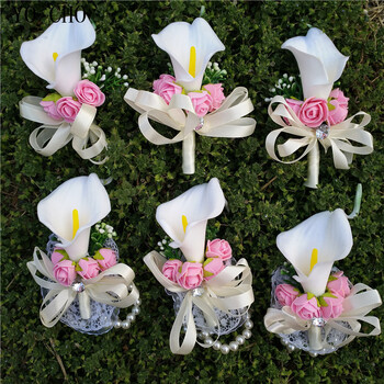 YO CHO White Calla Lily Wedding Boutonnieres Foam Rose Wrist Flowers Wedding Corsages and Groom Flower Marriage Prom καρφίτσα καρφίτσα