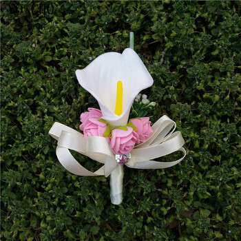 YO CHO White Calla Lily Wedding Boutonnieres Foam Rose Wrist Flowers Wedding Corsages and Groom Flower Marriage Prom καρφίτσα καρφίτσα