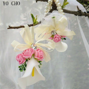 YO CHO White Calla Lily Wedding Boutonnieres Foam Rose Wrist Flowers Wedding Corsages and Groom Flower Marriage Prom καρφίτσα καρφίτσα