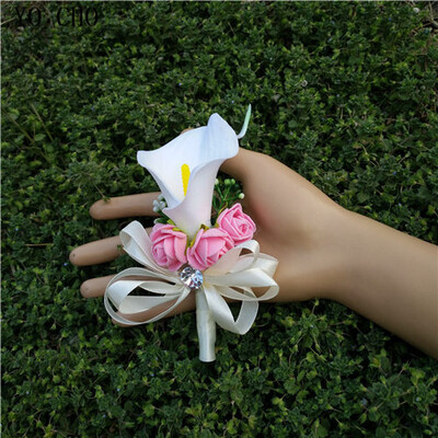 YO CHO White Calla Lely Vestuvių Boutonnieres Putplasčio rožės Riešo Gėlės Vestuvių Korsažo ir Jaunikio Gėlių Santuokos Prom Sagės Smeigtukai