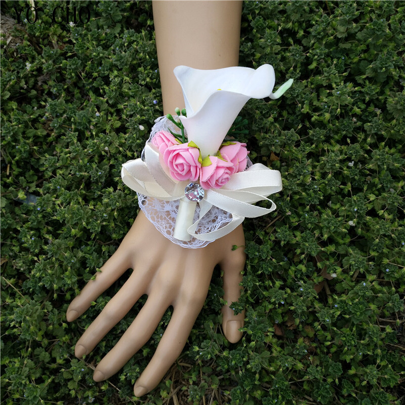 YO CHO White Calla Lely Vestuvių Boutonnieres Putplasčio rožės Riešo Gėlės Vestuvių Korsažo ir Jaunikio Gėlių Santuokos Prom Sagės Smeigtukai