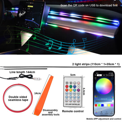 2 az 1-ben dinamikus neon RGB autós LED-környezeti világítás Dreamcolor akril csíkok USB-vel Tesla Model 3/Y/S/X dekoratív lámpa APP-hoz