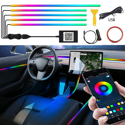 2 az 1-ben 5 az 1-ben 6 az 1-ben Rainbow Symphony autós LED-es környezeti lámpák belső akril neon csíkos ajtó atmoszféra lámpa USB cigarettával