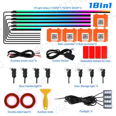 Vgetting 18 σε 1 Αυτοκίνητο Φώτα Περιβάλλοντος Διπλής Ζώνης Συμφωνική RGB LED Εσωτερικές Ακρυλικές Λωρίδες Ατμόσφαιρα Φωτισμός Κουμπί APP Control 12V