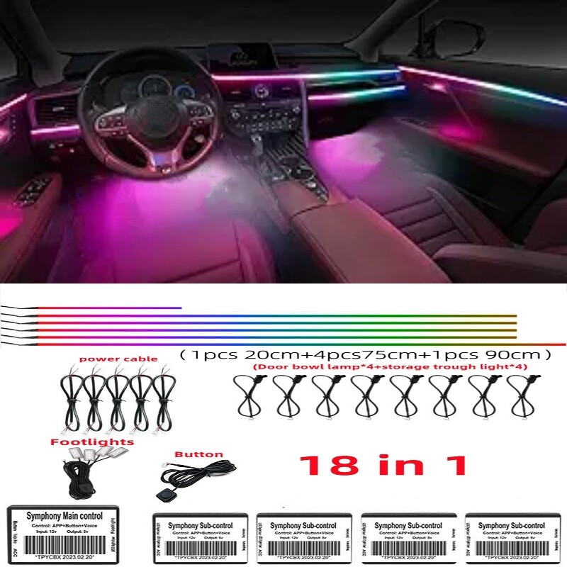 18 u 1 Symphony Streamer Ambijentalna svjetla automobila Unutrašnja LED akrilna traka Svjetlo RGB 64 boje Dekoracija Atmosferska svjetiljka APP Daljinski