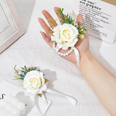 Κορσάζ 2 τμχ Βραχιόλι καρπού με λουλούδια με λουλούδια Τεχνητό τριαντάφυλλο μαργαριτάρι βραχιόλι για νύφη παράνυμφος γάμος επιστροφή στο σπίτι