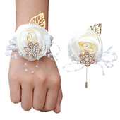 YeeNanee Bridesmaid Satin Rose Pearl Wrist Corsage & Boutonniere with Crystal Groomsman Boutonniere for Prom Party Wedding Decor