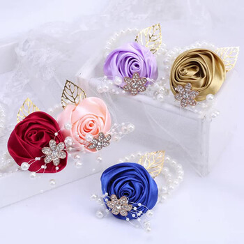 YeeNanee Bridesmaid Satin Rose Pearl Wrist Corsage & Boutonniere with Crystal Groomsman Boutonniere for Prom Party Wedding Decor