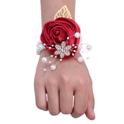 YeeNanee Bridesmaid Satin Rose Pearl Wrist Corsage & Boutonniere with Crystal Groomsman Boutonniere for Prom Party Wedding Decor