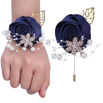 YeeNanee Bridesmaid Satin Rose Pearl Wrist Corsage & Boutonniere with Crystal Groomsman Boutonniere for Prom Party Wedding Decor