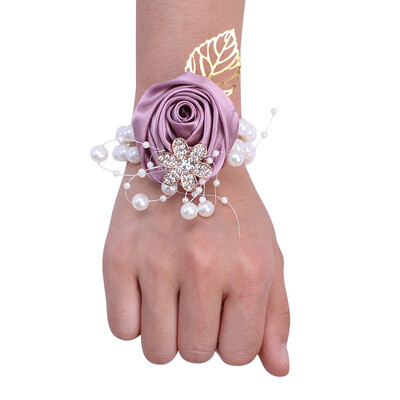 YeeNanee Bridesmaid Satin Rose Pearl Wrist Corsage & Boutonniere with Crystal Groomsman Boutonniere for Prom Party Wedding Decor