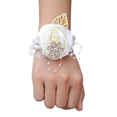 YeeNanee Bridesmaid Satin Rose Pearl Wrist Corsage & Boutonniere with Crystal Groomsman Boutonniere for Prom Party Wedding Decor