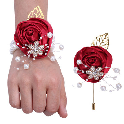 YeeNanee Bridesmaid Satin Rose Pearl Wrist Corsage & Boutonniere with Crystal Groomsman Boutonniere for Prom Party Wedding Decor