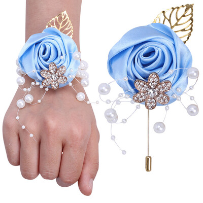 YeeNanee Bridesmaid Satin Rose Pearl Wrist Corsage & Boutonniere with Crystal Groomsman Boutonniere for Prom Party Wedding Decor