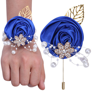 YeeNanee Bridesmaid Satin Rose Pearl Wrist Corsage & Boutonniere with Crystal Groomsman Boutonniere for Prom Party Wedding Decor