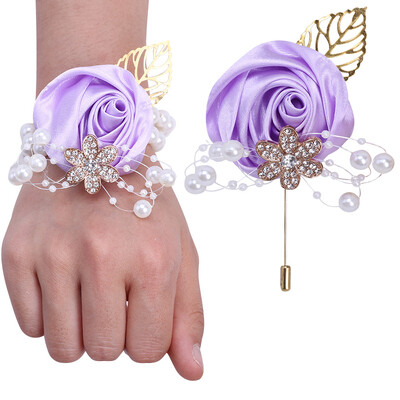 YeeNanee Bridesmaid Satin Rose Pearl Wrist Corsage & Boutonniere with Crystal Groomsman Boutonniere for Prom Party Wedding Decor