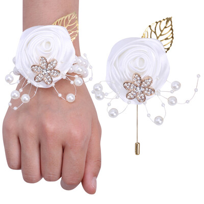 YeeNanee Bridesmaid Satin Rose Pearl Wrist Corsage & Boutonniere with Crystal Groomsman Boutonniere for Prom Party Wedding Decor