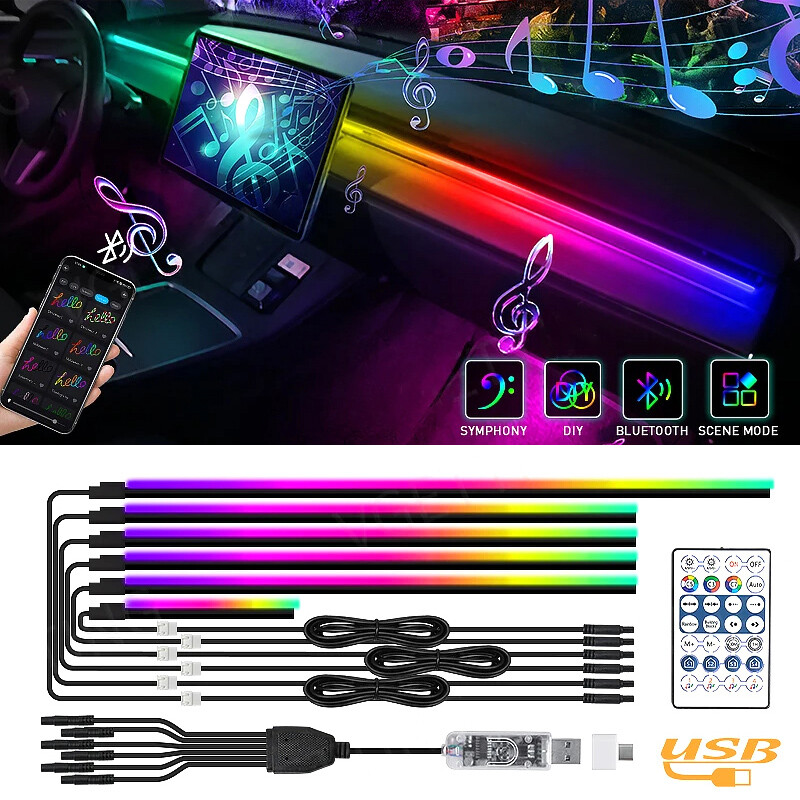 Ambient Symphony Car Εσωτερικά Φώτα λουρίδων ακρυλικών ινών Neon RGB 64 Έγχρωμη Αυτόματη Λάμπα ουράνιου τόξου USB Power APP/Κουμπί/Φωνητικός έλεγχος