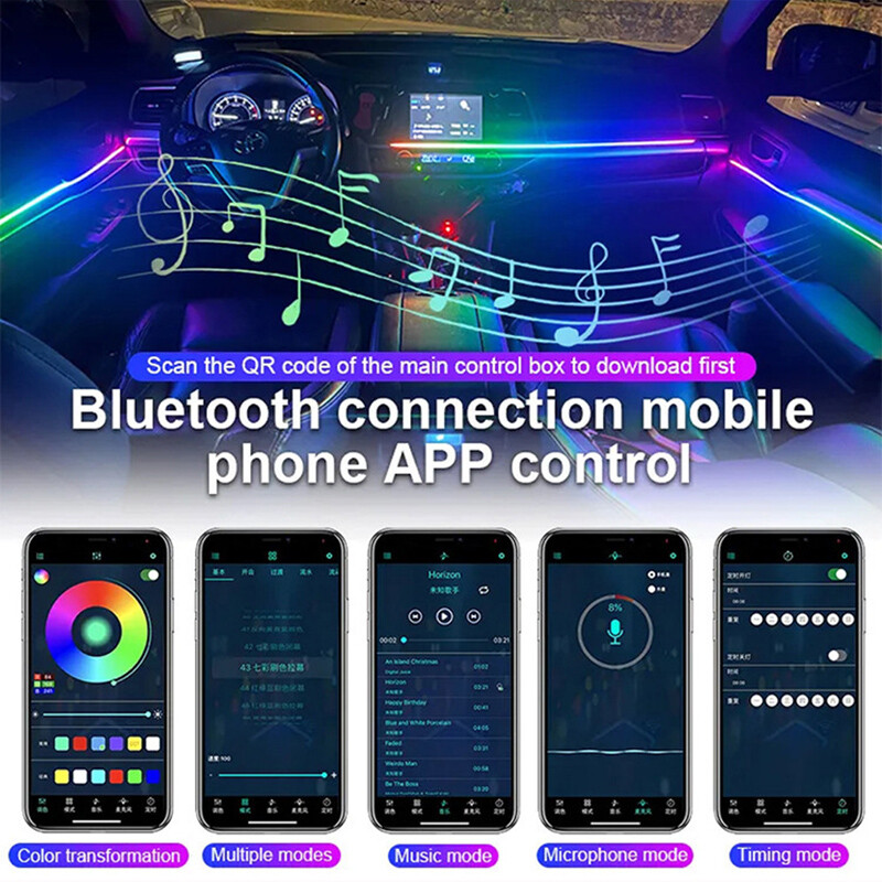 Ambient Symphony Car Εσωτερικά Φώτα λουρίδων ακρυλικών ινών Neon RGB 64 Έγχρωμη Αυτόματη Λάμπα ουράνιου τόξου USB Power APP/Κουμπί/Φωνητικός έλεγχος