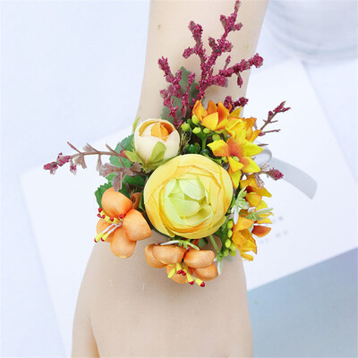 Meldel selyem rózsa boutonniere esküvői csukló fűző koszorúslányok karkötő vőlegény Boutonniere esküvői házasság fűző narancsvirág